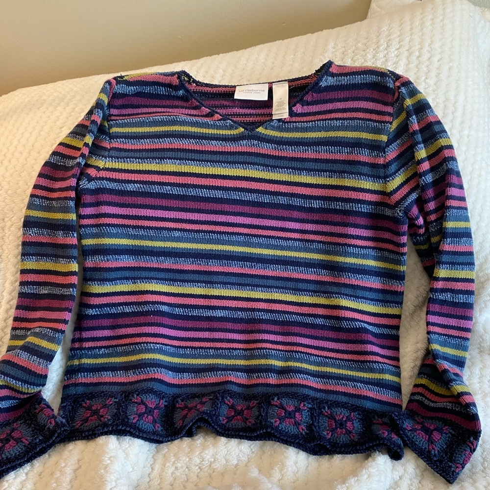 Vintage Bohemian Striped Crochet Trimmed V-neck Sweater y2k floral boho retro